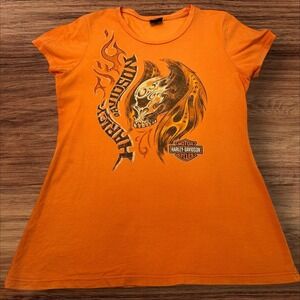 Harley Davidson Skull‎ Flames Graphic Tee Biker Motorcycle Orange L